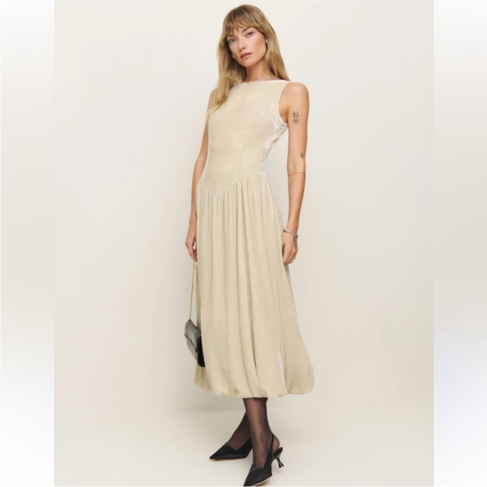 Reformation Tan Pleated Halter Midi Dress